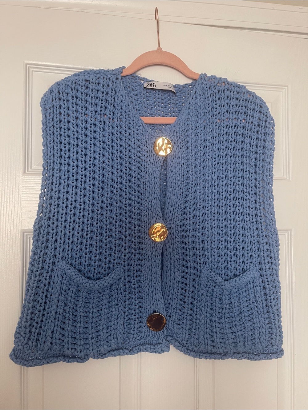 Zara Light Blue Chunky Knit Button Vest with Gold Buttons